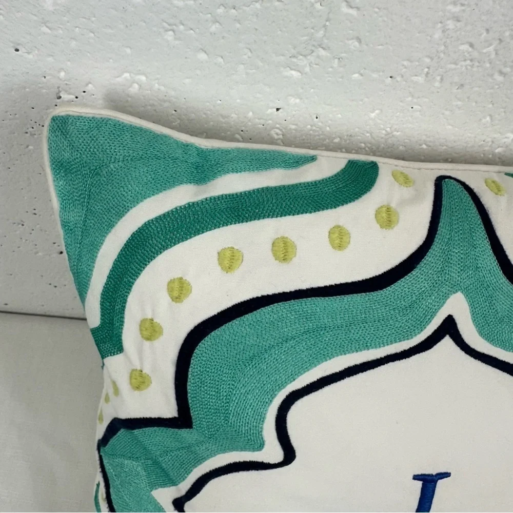 Pottery Barn Teen White Aqua Navy Blue Embroidered Throw Pillow 16x16”
